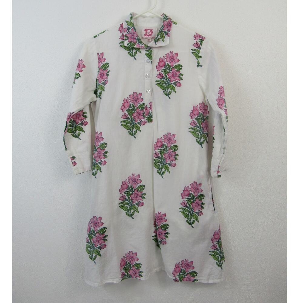 Victoria Dunn XS Shirt Dress White Pink Green Flower Print Cotton Pajamas Lounge